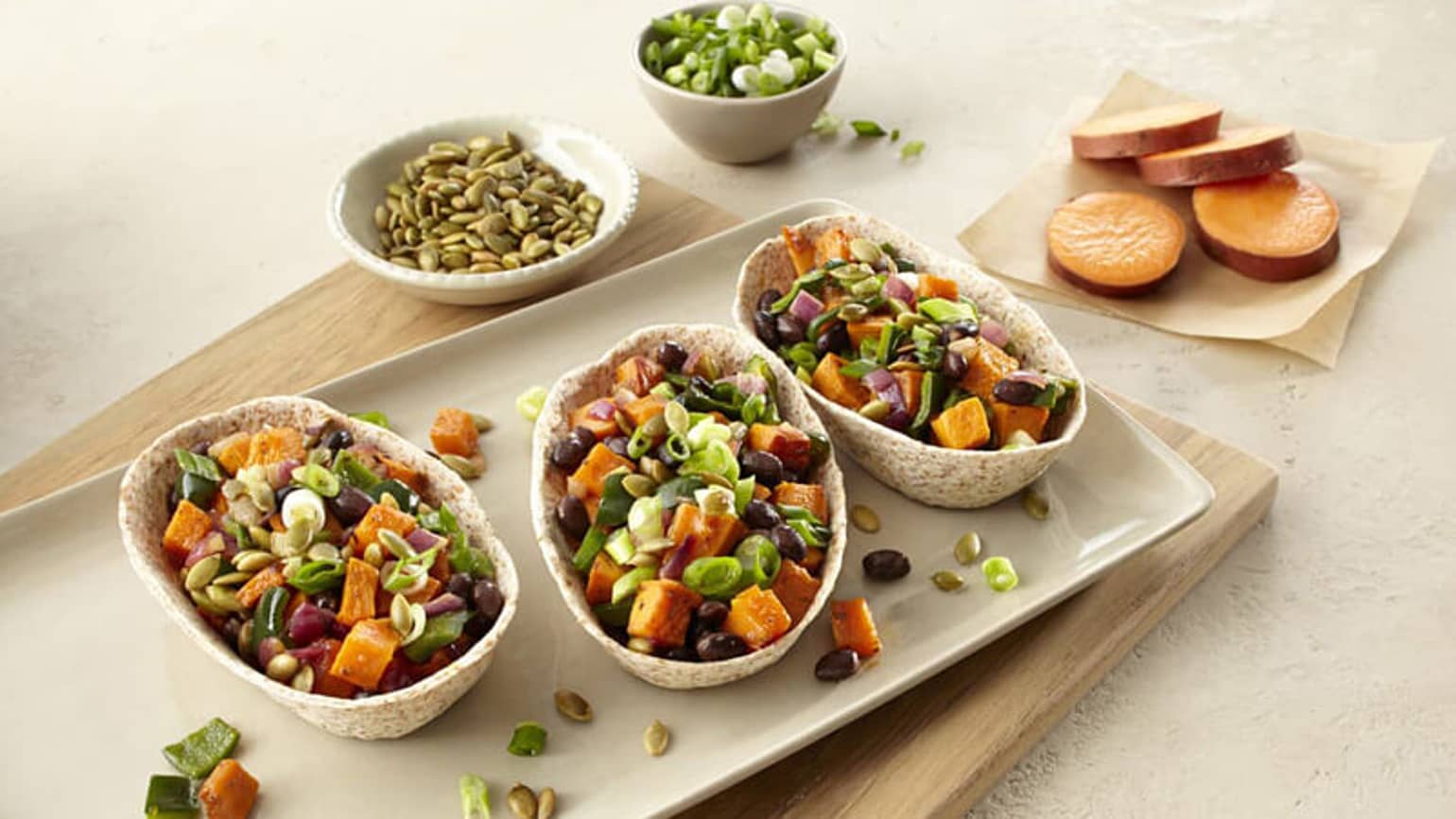 Vegetarian Sweet Potato and Black Bean Whole Wheat Tortilla Bowls